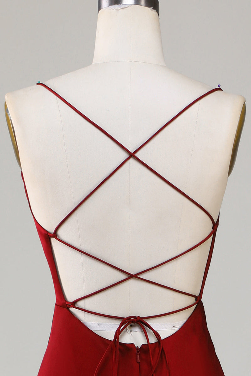 Charger l&#39;image dans la galerie, Dos à lacets Bourgogne Robe longue demoiselle d’honneur avec fente