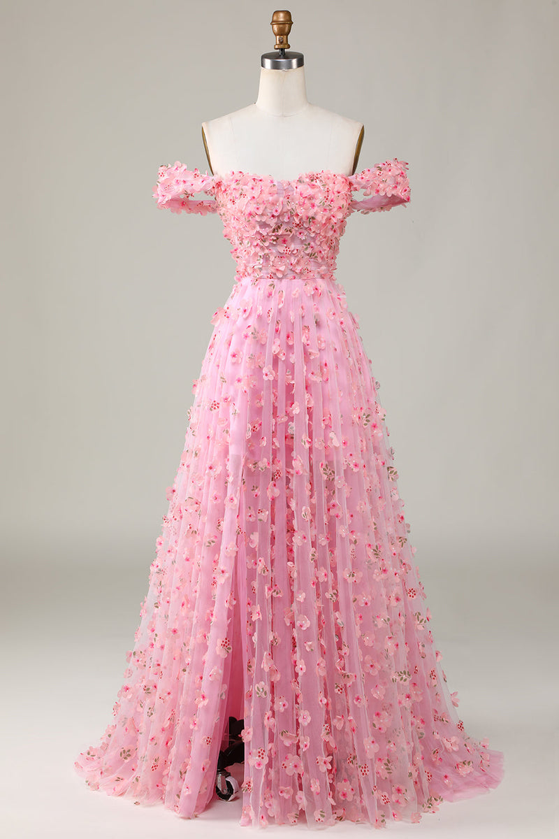 Charger l&#39;image dans la galerie, A-ligne hors de l&#39;épaule Rose Robe de demoiselle d’honneur longue avec fleurs 3D