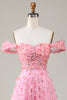 Charger l&#39;image dans la galerie, A-ligne hors de l&#39;épaule Rose Robe de demoiselle d’honneur longue avec fleurs 3D
