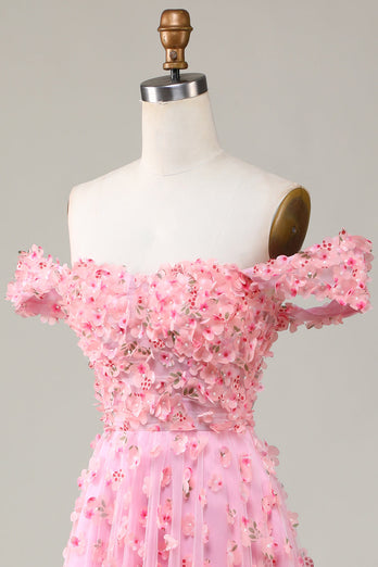 A-ligne hors de l'épaule Rose Robe de demoiselle d’honneur longue avec fleurs 3D