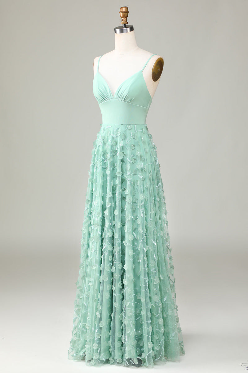 Charger l&#39;image dans la galerie, Bretelles Spaghetti A-Line Robe de demoiselle d’honneur verte sans manches