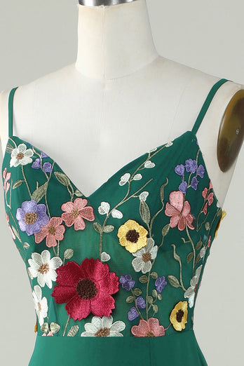 Robe de Demoiselle d'Honneur A-ligne Vert Foncé Longue avec Fleurs 3D