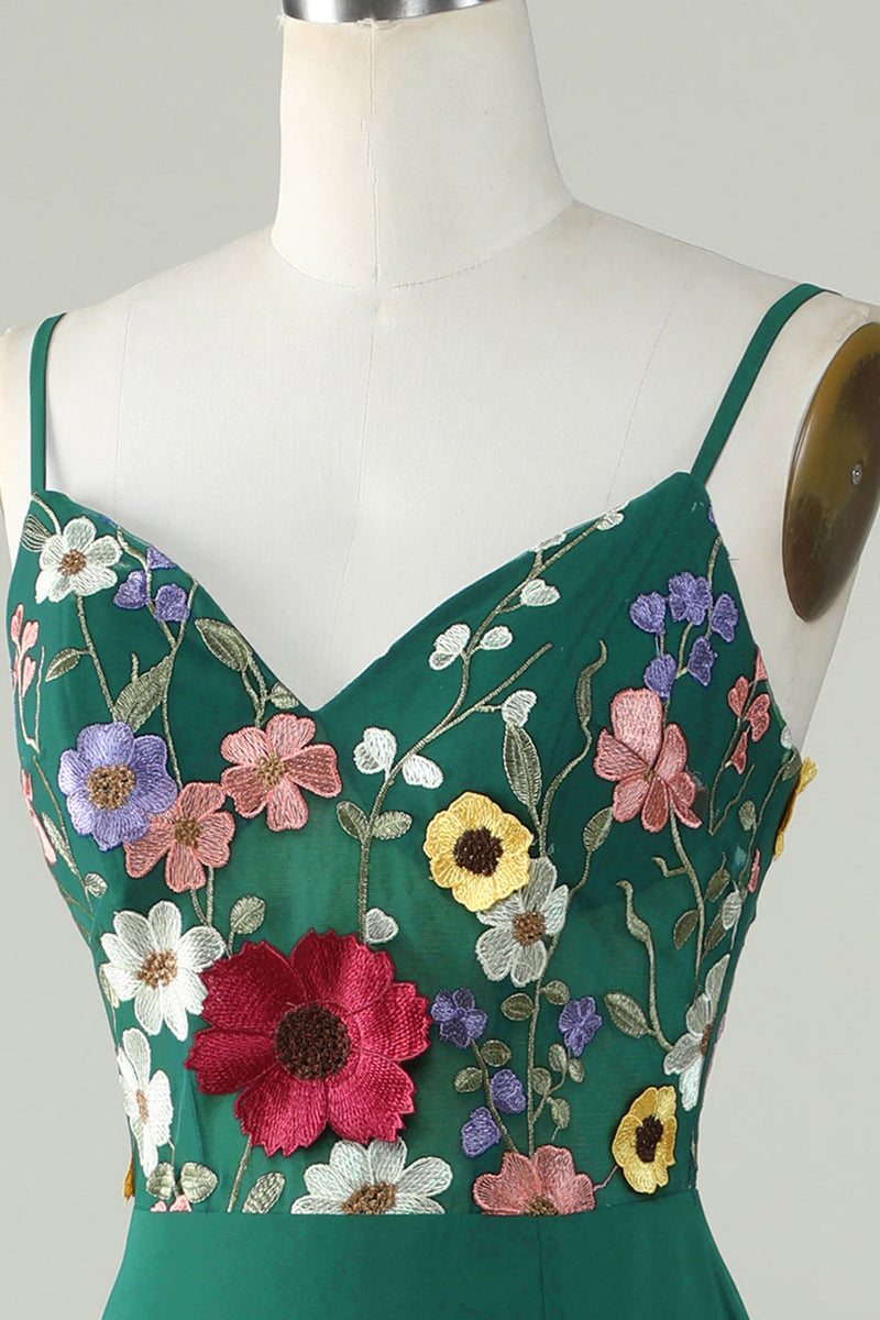 Charger l&#39;image dans la galerie, Robe de Demoiselle d&#39;Honneur A-ligne Vert Foncé Longue avec Fleurs 3D