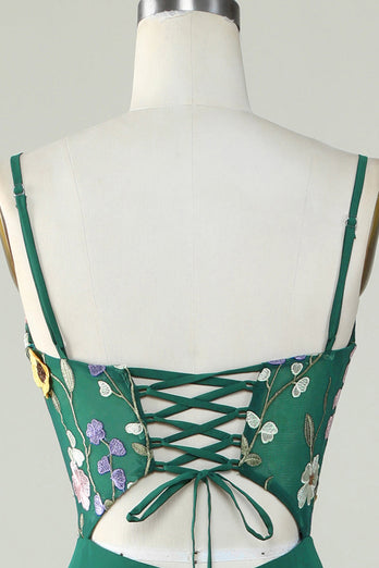 Robe de Demoiselle d'Honneur A-ligne Vert Foncé Longue avec Fleurs 3D