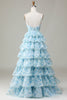 Charger l&#39;image dans la galerie, Bretelles Spaghetti découpées Robe de demoiselle d’honneur bleue à plusieurs niveaux