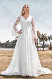 Beauté A Ligne V Col Ivoire Dentelle Flare Manches Robe de mariée