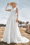Beauté A Ligne V Col Ivoire Dentelle Flare Manches Robe de mariée