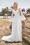 Beauté A Ligne V Col Ivoire Dentelle Flare Manches Robe de mariée