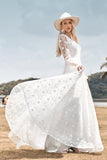Beauté A Ligne V Col Ivoire Dentelle Flare Manches Robe de mariée