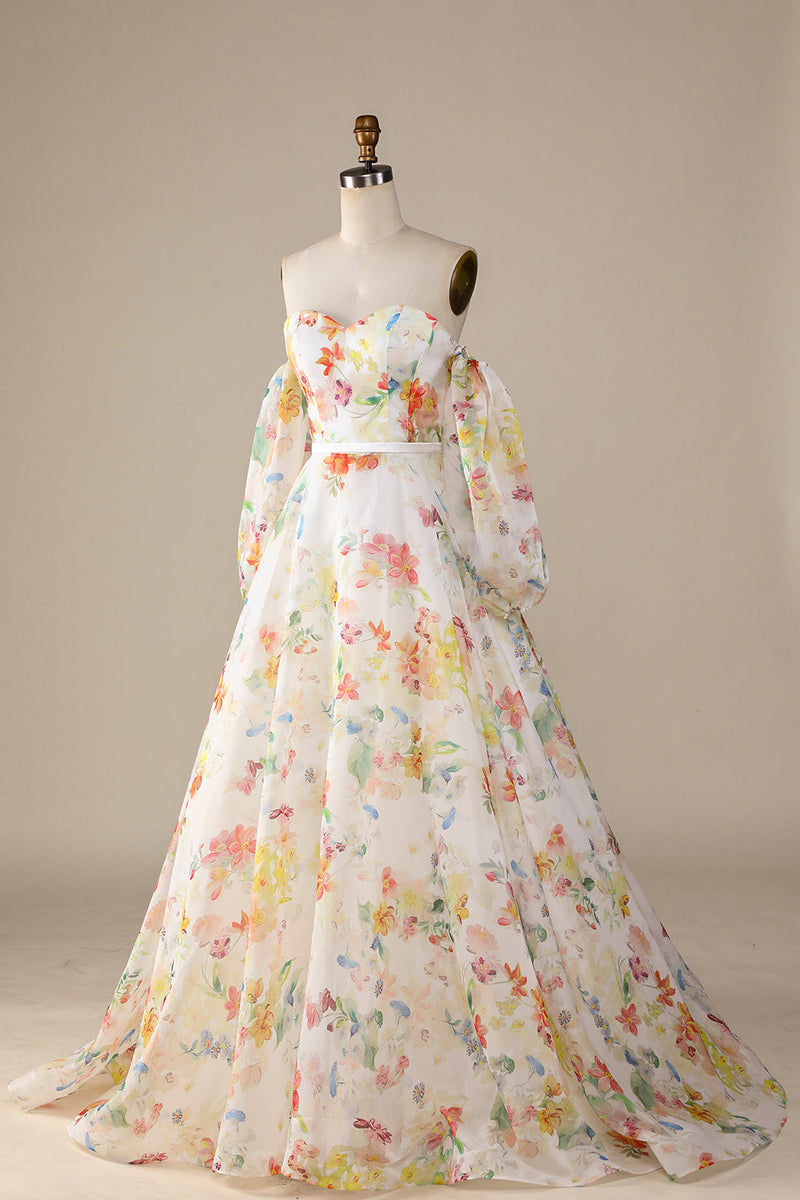 Charger l&#39;image dans la galerie, Robe de mariée Wax Floral A-Line Sweep Train avec manches