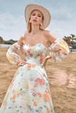 Charmant A Line Sweetheart Ivory Floral Sweep Train Robe de mariée avec manches
