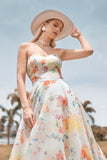Charmant A Line Sweetheart Ivory Floral Sweep Train Robe de mariée avec manches