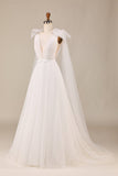 Elégant A Line V Col Ivoire Détachable Watteau Train Tulle Robe de mariée