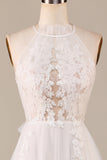 Charmant A Line Halter Neck Ivoire Dos Ouvert Tulle Balayage Train Robe de mariée avec dentelle