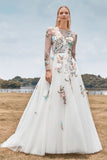 Magnifique Robe de mariée à manches longues ivoire à manches longues en tulle avec broderie