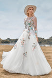 Magnifique Robe de mariée à manches longues ivoire à manches longues en tulle avec broderie