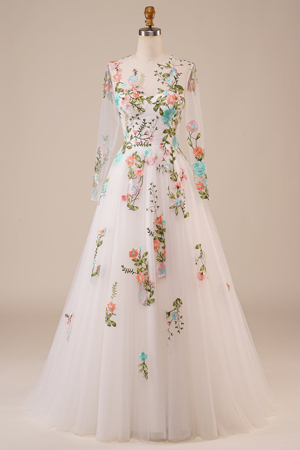 Tulle Manches Longues Robe de mariée ivoire ivoire avec broderie