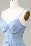 Corset imprimé bleu poussiéreux Sangles Spaghetti Robe longue demoiselle d’honneur avec dos croisé