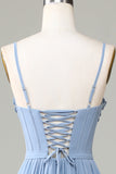 Corset imprimé bleu poussiéreux Sangles Spaghetti Robe longue demoiselle d’honneur avec dos croisé