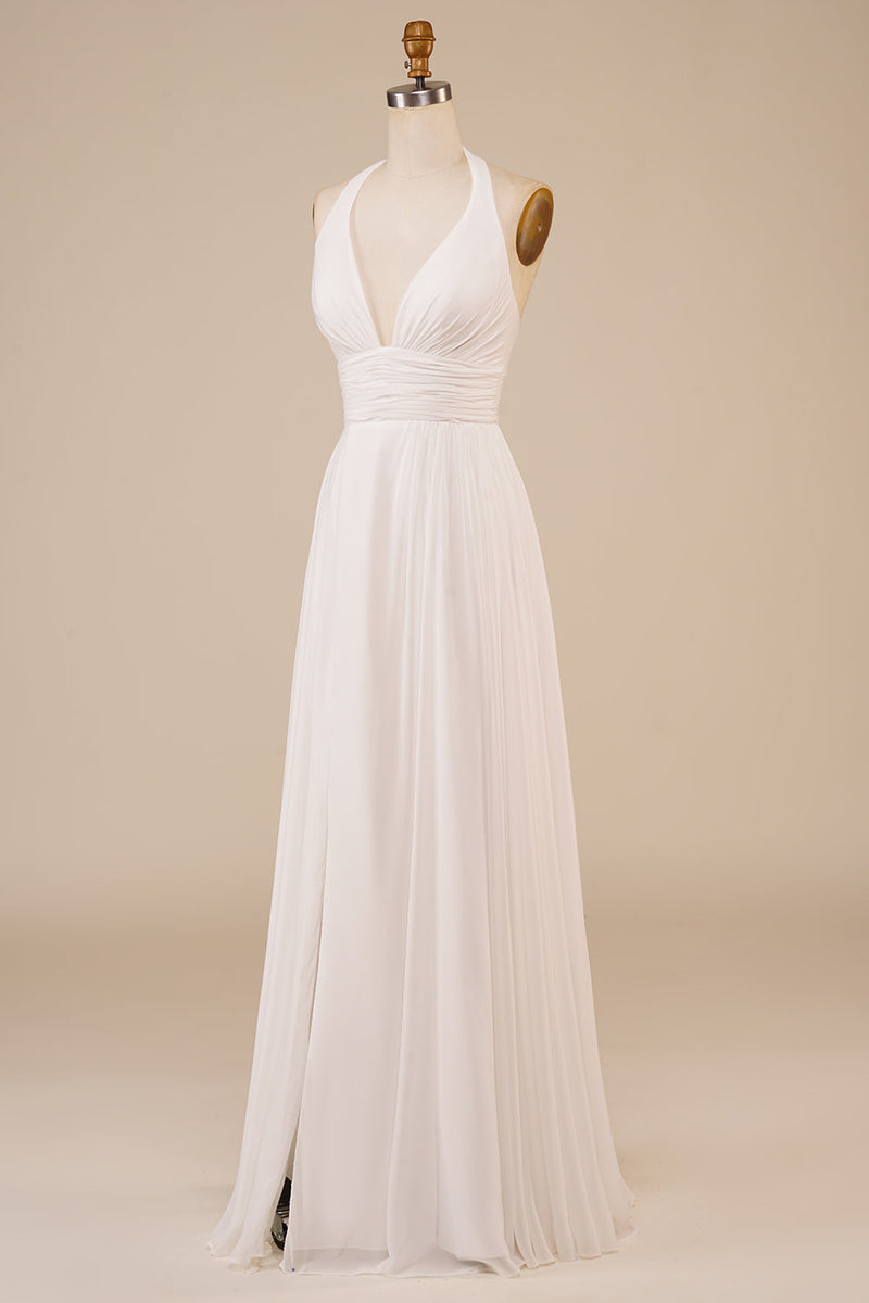 Charger l&#39;image dans la galerie, A-Line Halter Ivory Sweep Train Robe de mariée avec fente