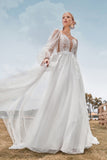 Manches Longues Dos Ouvert Ivoire Une Ligne Robe de mariée avec Appliques