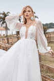 Manches Longues Dos Ouvert Ivoire Une Ligne Robe de mariée avec Appliques