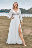 Robe de mariée en ivoire perlé en tulle A-Line avec manches longues