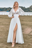 Robe de mariée en ivoire perlé en tulle A-Line avec manches longues