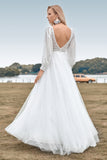 Robe de mariée en ivoire perlé en tulle A-Line avec manches longues