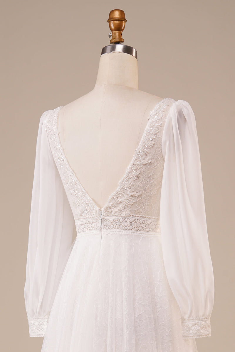 Charger l&#39;image dans la galerie, Robe de mariée en ivoire perlé en tulle A-Line avec manches