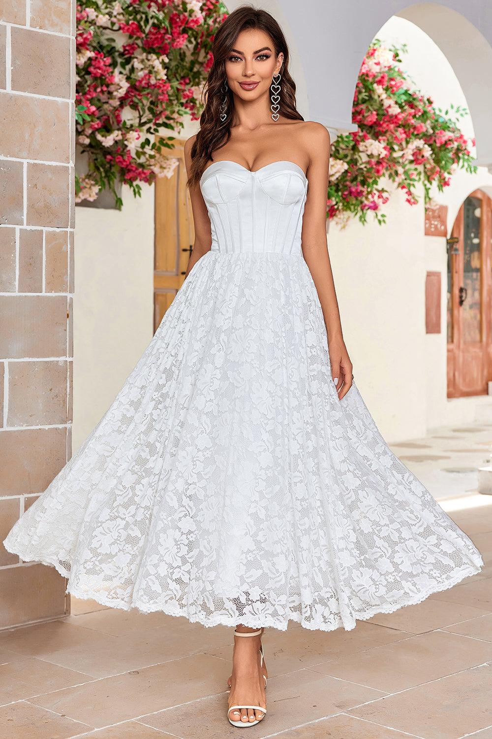 Corset bustier ivoire Robe de mariée longue thé avec dentelle