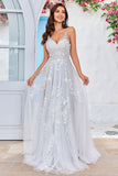 Tulle Backless Ivoire Long A Line Robe de mariée avec broderie