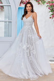 Tulle Backless Ivoire Long A Line Robe de mariée avec broderie