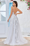 Tulle Backless Ivoire Long A Line Robe de mariée avec broderie