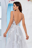 Tulle Backless Ivoire Long A Line Robe de mariée avec broderie