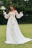 Ivoire détachable à manches longues Sweep Train robe de mariée avec des fleurs 3D