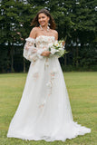 Ivoire détachable à manches longues Sweep Train robe de mariée avec des fleurs 3D