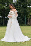 Ivoire détachable à manches longues Sweep Train robe de mariée avec des fleurs 3D