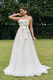Ivoire détachable à manches longues Sweep Train robe de mariée avec des fleurs 3D