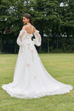 Ivoire détachable à manches longues Sweep Train robe de mariée avec des fleurs 3D