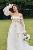 Ivoire détachable à manches longues Sweep Train robe de mariée avec des fleurs 3D