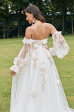 Ivoire détachable à manches longues Sweep Train robe de mariée avec des fleurs 3D