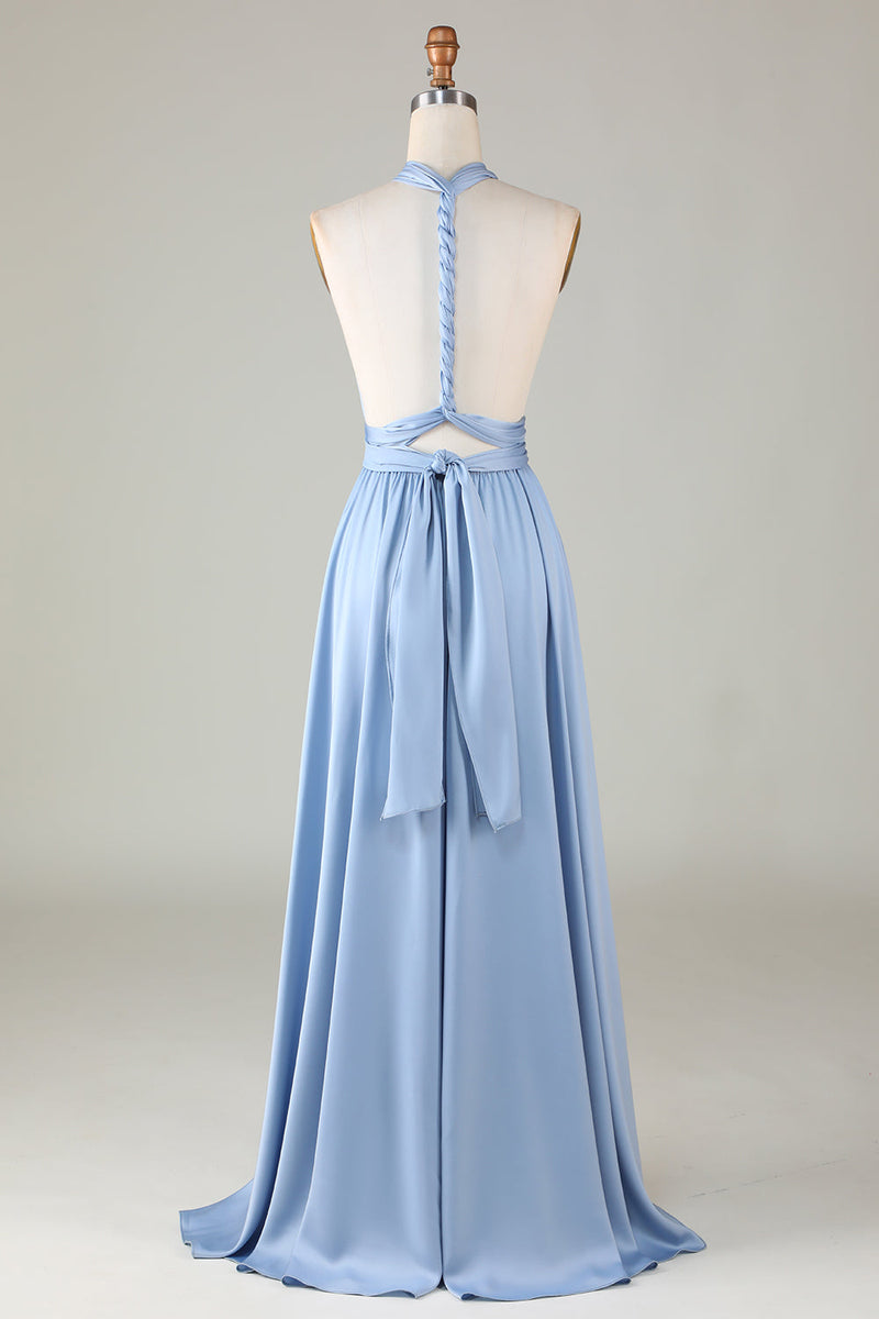 Charger l&#39;image dans la galerie, Robe de demoiselle d’honneur en satin bleu convertible avec fente