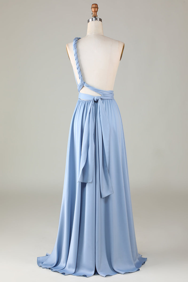 Charger l&#39;image dans la galerie, Robe de demoiselle d’honneur en satin bleu convertible avec fente