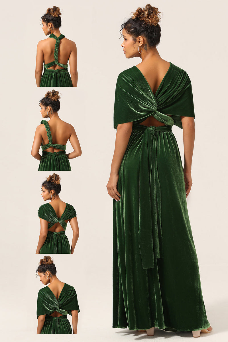 Charger l&#39;image dans la galerie, Elégant A Line V Cou Vert foncé Porter Velours Robe de demoiselle d’honneur longue