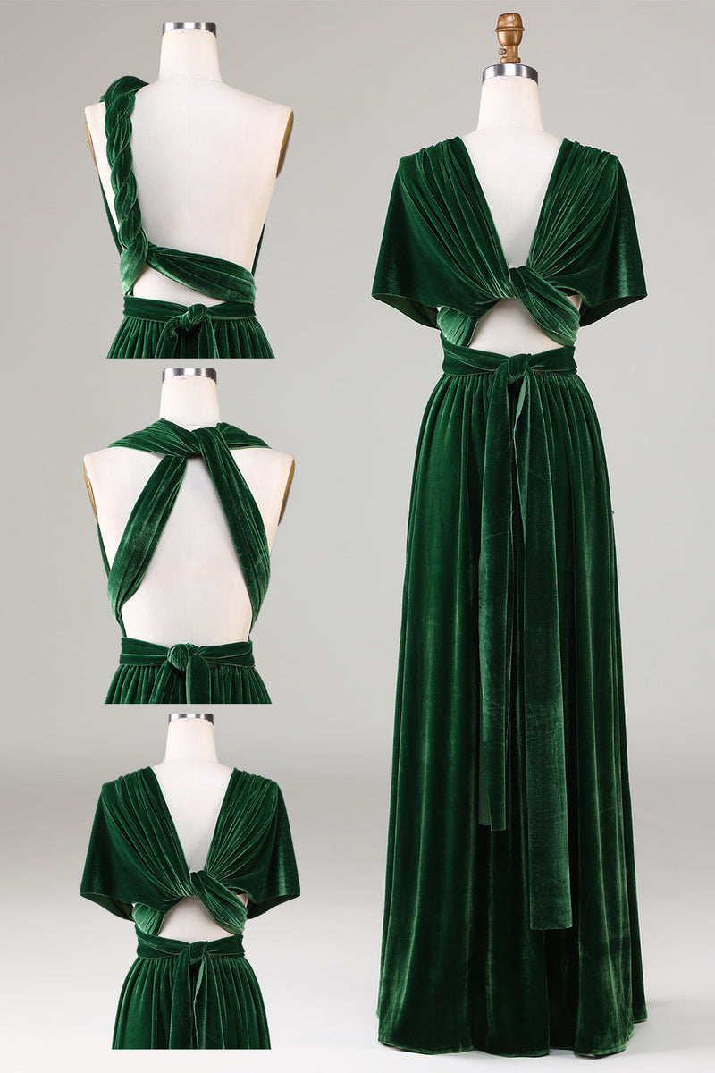 Charger l&#39;image dans la galerie, Vert foncé Porter Velours Robe de demoiselle d’honneur longue