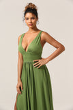 Elégante A Line Olive Deep V-neck Sans manches Robe de demoiselle d’honneur