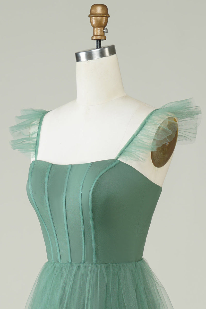 Charger l&#39;image dans la galerie, Une ligne Spaghetti Bretelles Long Tulle Eucalyptus robe de demoiselle d’honneur