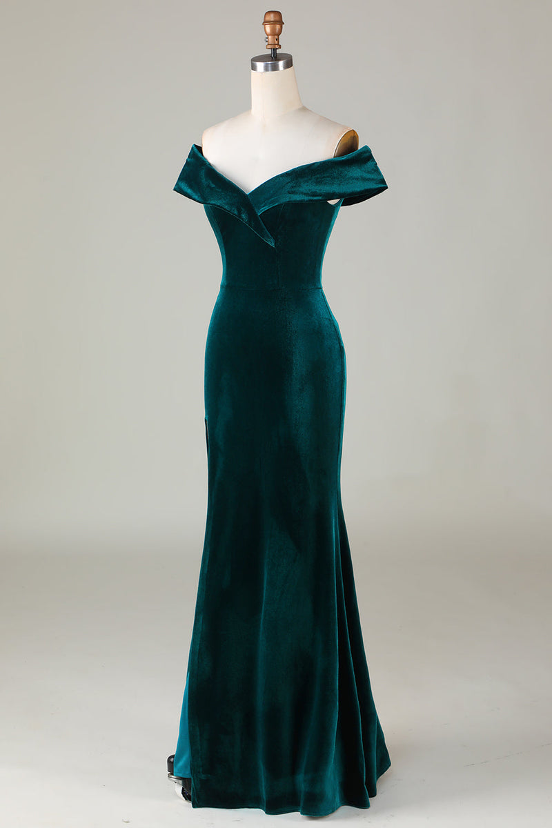 Charger l&#39;image dans la galerie, Sirène en velours vert paon à épaules dénudées Robe de demoiselle d’honneur avec fente