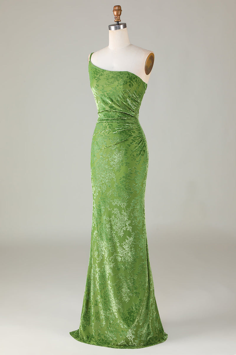 Charger l&#39;image dans la galerie, Sirène en Velours Une Épaule Robe de demoiselle d’honneur olive